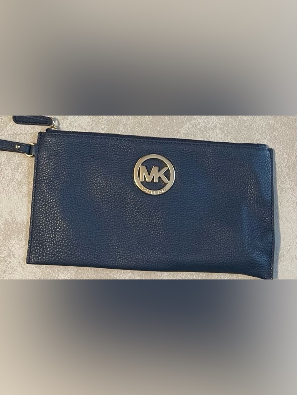 Michael Kors Navy Pebbled Leather Wristlet with Gold MK Emblem